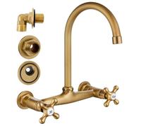 Airuida Kitchen Sink Faucet 8 Inch Center Double Cross Handles 360 Degree Swivel Spout Commercial Utility Laundry Sink Tap Wall Mount Antique Brass