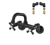 Airuida Matte Black Wall Mount Kitchen Faucet 4 Inch(10cm) Spout Reach Adjustable Center Double Cross Handles 3 Inch to 9 Inch Hot and Cold Water Mixer Tap 360 Rotatable Faucet