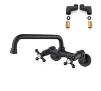 Airuida Matte Black Wall Mount Kitchen Faucet 9 Inch Spout Reach 3 Inch to 9 Inch Hot and Cold Water Mixer Tap Adjustable Center Double Cross Handles 360 Rotatable Faucet