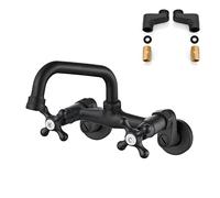 Airuida Matte Black Wall Mount Kitchen Sink Faucet 6 Inch(15cm) Spout Reach Adjustable Center Double Cross Handles 3 Inch to 9 Inch Hot and Cold Water Mixer Tap 360 Rotatable Faucet