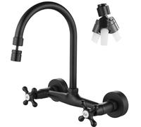 Airuida Matte Black Wall Mount Kitchen Sink Faucet 8 Inch Center Double Cross Handles 360 Degree Swivel Spout Kitchen Mixer Tap Commercial