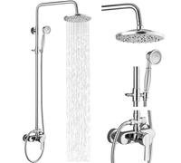 Airuida Shower Fixture Brass Exposed Pipe Shower System Chrome Polish 8 Inch Rainfall Shower Head Single Handle Solid Copper Diverter Dual Functions Shower Faucet Combo Unit Set