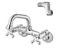 Airuida Wall Mount Kitchen Faucet, 4 Inch(10cm) Spout Wall Mount Laundry Sink Faucet, Adjustable Center Double Handles Hot and Cold Water Mixer Tap 360 Rotatable Restaurant Faucet- Chrome Polish