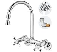 Airuida Wall Mount Kitchen Faucet with Sprayer Wall Mounted Kitchen Sink Faucet Double Cross Handles 360 Degree Swivel Spout Restaurant Mixer Tap Commercial 6 Inch Center Chrome Polish