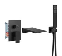 Airuida Wall Mount Tub Faucet with Waterfall Tub Spout Wall Mounted Bathtub Faucet with Handheld Shower Single Handle Tub Filler Shower Faucet Set with Rough-in Valve Straight Spout Matte Black