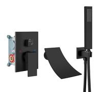 Airuida Wall Mount Tub Faucet with Waterfall Tub Spout Wall Mounted Bathtub Faucet with Handheld Shower Single Handle Tub Filler Shower Faucet Set with Rough-in valve Curved Spout Matte Black