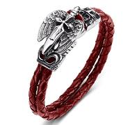 AIRUiXUAN Gothic Leather Braided Round Double Row Bracelet, Leather Titanium Steel Cross Sword Eagle Wing Bracelet For Men, Punk Amulet Bracelet,Red,16.5cm