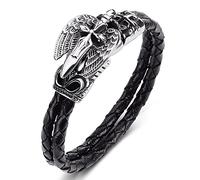 AIRUiXUAN Gothic Leather Braided Round Double Row Bracelet, Leather Titanium Steel Cross Sword Eagle Wing Bracelet For Men, Punk Amulet Bracelet,Black,16.5cm