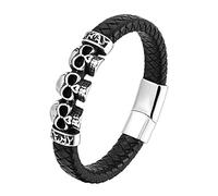 AIRUiXUAN Gothic Skull Stainless Steel Leather Braided Bracelet Ghost Head Leather Braided Bracelet For Men Punk Motorcycle Jewelry, 21cm, stainless steel