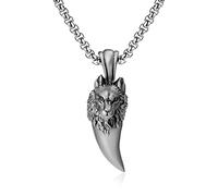 AIRUiXUAN Nordic Domineering Wolf Tooth Pendant Necklace, Viking Men's Retro Wolf Head Wolf Tooth Pure Tin Pendant Hip-Hop Punk Necklace,Silver,50cm