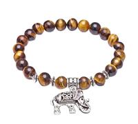 AIRUiXUAN Tiger Eye Stone Beads Elastic Bracelet, Retro Natural Tiger Eye Stone Elephant Bracelet 8mm Buddha Beads Bracelet, 22 beads, Sterling Silver