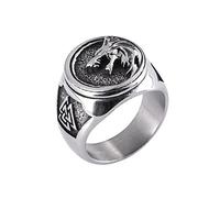AIRUiXUAN Viking Wolf Head Seal Ring, Men's Vintage Wolf Head Triangle Knot Stainless Steel Nordic Ring,Silver,13