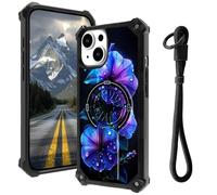 AIRWEE Case for iPhone 15 5G with Hidden Kickstand & Wrist Strap, Magnetic Car Mount Compatible, Rugged Military Grade Shockproof Cover for iPhone 15 6.1", Purple Morning Glory