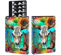 AIRWEE Credit Card Holder PU Leather Trifold Pop Up Card Slot Wallet, with RFID Blocking & Magnetic Close Credit Cards Cash Wallets, Slim Pocket Credit Card Holder for Women Men, A1, Cow Skull