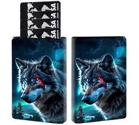 AIRWEE Credit Card Holder PU Leather Trifold Pop Up Card Slot Wallet, with RFID Blocking & Magnetic Close Credit Cards Cash Wallets, Slim Pocket Credit Card Holder for Women Men, A1, Angry Blue Wolf