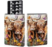 AIRWEE Credit Card Holder PU Leather Trifold Pop Up Card Slot Wallet, with RFID Blocking & Magnetic Close Credit Cards Cash Wallets, Slim Pocket Credit Card Holder for Women Men, A5, Two Highland Cows