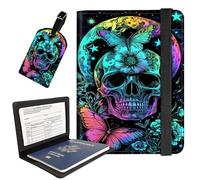 AIRWEE Passport Holder with Luggage Tag, PU Leather Travel Wallet Case for Women and Men, RFID Blocking Passport Cover with Card Slots, Boarding Passport Holder for Travel, Butterfly Green Skull