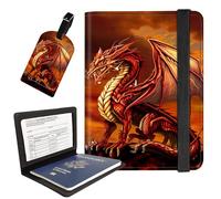 AIRWEE Passport Holder with Luggage Tag, PU Leather Travel Wallet Case for Women and Men, RFID Blocking Passport Cover with Card Slots, Boarding Passport Holder for Travel, Red Dragon