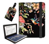 AIRWEE Passport Holder with Luggage Tag, PU Leather Travel Wallet Case for Women and Men, RFID Blocking Passport Cover with Card Slots, Boarding Passport Holder for Travel, A2, Flower Hummingbird