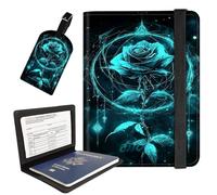 AIRWEE Passport Holder with Luggage Tag, PU Leather Travel Wallet Case for Women and Men, RFID Blocking Passport Cover with Card Slots, Boarding Passport Holder for Travel, A5, Blue Rose Dream Chaser