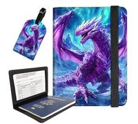 AIRWEE Passport Holder with Luggage Tag, PU Leather Travel Wallet Case for Women and Men, RFID Blocking Passport Cover with Card Slots, Boarding Passport Holder for Travel, Arctic Purple Dragon