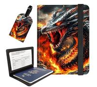 AIRWEE Passport Holder with Luggage Tag, PU Leather Travel Wallet Case for Women and Men, RFID Blocking Passport Cover with Card Slots, Boarding Passport Holder for Travel, Flame Dragon