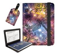 AIRWEE Passport Holder with Luggage Tag, PU Leather Travel Wallet Case for Women and Men, RFID Blocking Passport Cover with Card Slots, Boarding Passport Holder for Travel, A2, Galaxy Dragonfly