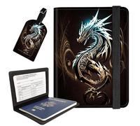 AIRWEE Passport Holder with Luggage Tag, PU Leather Travel Wallet Case for Women and Men, RFID Blocking Passport Cover with Card Slots, Boarding Passport Holder for Travel, Golden Glitter Dragon