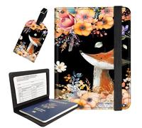 AIRWEE Passport Holder with Luggage Tag, PU Leather Travel Wallet Case for Women and Men, RFID Blocking Passport Cover with Card Slots, Boarding Passport Holder for Travel, Flower Fox