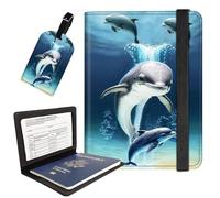 AIRWEE Passport Holder with Luggage Tag, PU Leather Travel Wallet Case for Women and Men, RFID Blocking Passport Cover with Card Slots, Boarding Passport Holder for Travel, A2, Cute Dolphin, Passport