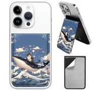 AIRWEE PU Leather Phone Wallet Stick On, Adjustable Stand Phone Card Holder Stick On Wallet, Securely Stores ID Cards & Cash, Waterproof Card Phone Holder Universal Most Cellphones A2, Wave Whale