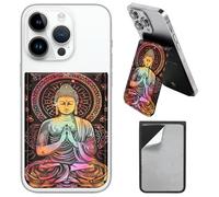 AIRWEE PU Leather Phone Wallet Stick On, Adjustable Stand Phone Card Holder Stick On Wallet, Securely Stores ID Cards & Cash, Waterproof Card Phone Holder Universal Most Cellphones A3, Buddha, Size