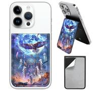 AIRWEE PU Leather Phone Wallet Stick On, Adjustable Stand Phone Card Holder Stick On Wallet, Securely Stores ID Cards & Cash, Waterproof Card Phone Holder Universal Most Cellphones A4, Moon Hawk Wolf