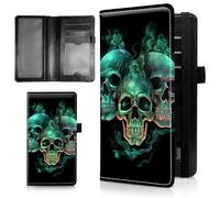 AIRWEE Slim Checkbook Cover for Women, RFID Blocking PU Leather Checkbook Wallet with Card Slots Pen Holder, Bifold Durable Checkbook Register and Cover for Purse, A3, Green Skull, Size: 7.28" * 3.93"