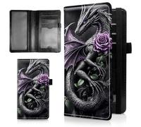 AIRWEE Slim Checkbook Cover for Women, RFID Blocking PU Leather Checkbook Wallet with Card Slots Pen Holder, Bifold Durable Checkbook Register and Cover for Purse, A3, Black Dragon Purple Rose, Size