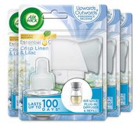 AirWick Essential Oils Air Freshener, Electrical Plug in Kit Gadget and Refill, Crisp Linen & Lilac, Multipack of 4 x 100 days, Lasts Total Up to 400