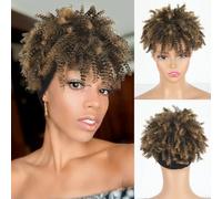 Aisaide Afro Ombre Brown Headband Short Afro Wig for Black Women Synthetic Afro Curly with Bangs Wig with Bangs Turban Wig