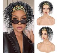 Aisaide Curly Headband Wig for Black Women Short Grey Wig with Headband Curly Full Afro Wig Curly Curly Grey Wig 2 in 1 Synthetic