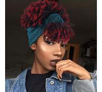 Aisaide Short Curly Wig with Headband for Black Women 2 in 1 Cross Wig Burgundy Wig with Bangs Synthetic Wig with Scarf Turban Afro Scarf