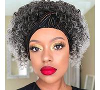 Aisaide Wigs for Black Women, 2 in 1 Ombre Grey Curly Wigs with Headband Attached, Synthetic Hair Curly Grey Full Wig Scarf Wig Headband Wig Short Curly Grey Wigs