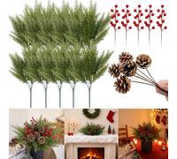 Aisamco Artificial Christmas Pine Stems Branches for Vases,10 Bundles Faux Pine Branches with 5 Pcs Pinecones Stems and 5 Pcs Red Berries Stems for DIY Crafts,Xmas Indoor Outdoor Table Décor