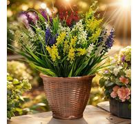 Aisamco Artificial Plants Outdoor for Decoration,12 Bundles Fake Monkey Grass with Flowers UV Resistant Realistic Greenery Shrubs for Outside Yard Hanging Planter Window Garden