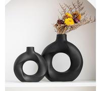 Aisamco Donut Ceramic Vase Set of 2,Nordic Modern,Hollow,Decorative Ceramic Aesthetic Flower Vase for Home Decor Table Centerpiece Wedding Dining Living Room Office Bookshelf (Black)
