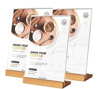 Aisamco Pack of 3 A5 Acrylic Sign Holders Slant Back Design L Shape Clear Acrylic Frame Wood Base Table Menu Display Stand Flyer Display for Desk Display