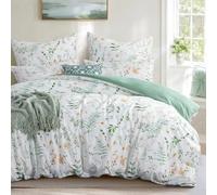 Aisbo Super King Bedding Duvet Cover Sets - 3 Pieces Floral Bedding Set White and Sage Green, Soft Brushed Microfiber Superking Bed Quilt Cover with 2 Pillowcase, 260x220 cm