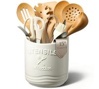 AISBUGUR Large Ceramic Utensil Holder 7.5" H×6.3" W with Slanted Mouth - Utensil Crock with Non-Slip Cork Base for Kitchen Counter, Ideal for Decor & Gift, White
