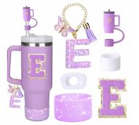 AiScrofa 6PCS Cup Accessories Set for 30&40oz 1.0/2.0Tumbler with Handle, Reusable Silicone Dustproof Alphabet Straw cover Cap and Boot, Spill Proof Stopper, Handle Charm, Initials Sticker (Letter E)