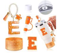 AiScrofa 6PCS Orange Cup Accessories Set for Stanley Cup 30oz 40oz tumbler with handle, Including Straw Topper Cover Cap and Boot, Spill Proof Stopper, Handle Charm, Initials Sticker