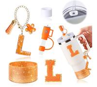 AiScrofa 6PCS Orange Cup Accessories Set for Stanley Cup 30oz 40oz tumbler with handle, Including Straw Topper Cover Cap and Boot, Spill Proof Stopper, Handle Charm, Initials Sticker