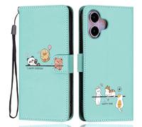 Aisenth Case for iPhone 16 Plus, Cute Bear, Cat, Panda, Duck, Koala Animal Cartoon Pattern PU Leather Wallet Flip Case Shockproof Magnetic Cover with Kickstand, Card Holder, Green